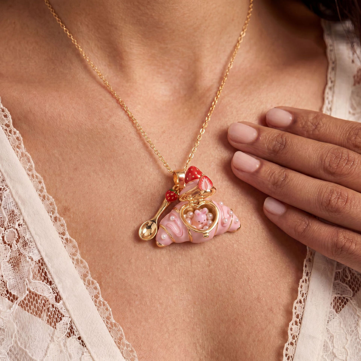 Opening Croissant Animal Locket Necklace | Cute Food-Inspired Jewelry