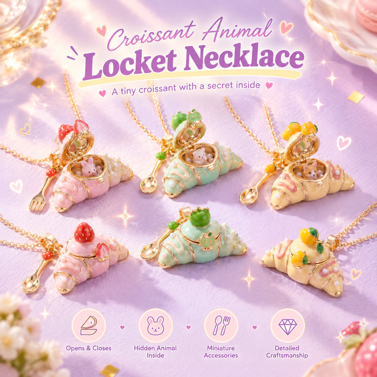 Opening Croissant Animal Locket Necklace | Cute Food-Inspired Jewelry